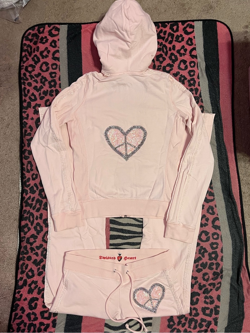 Vintage Twisted Heart baby pink rhinestone sequins heart peace sign tracksuit